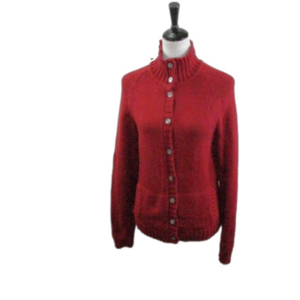 Lands' End Deep Red Mock Neck Cotton Button Front Cardigan Size Medium